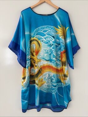 JAPANESE DRAGON COVER UP Dress Womens Large Satin Kimono Pajamas